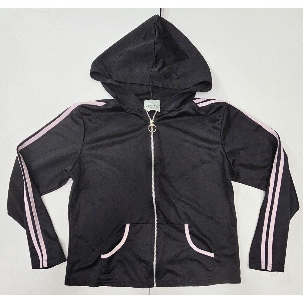 Vintage Y2K Fashion Bug Black Pink Striped Track Jacket Hoodie O-Ring Zip Large